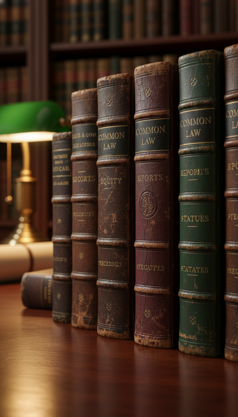 Law books on wooden surface